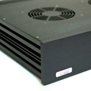 a front corner view of the MA-01 ncore amp where you can see the front panel, logo and side panel